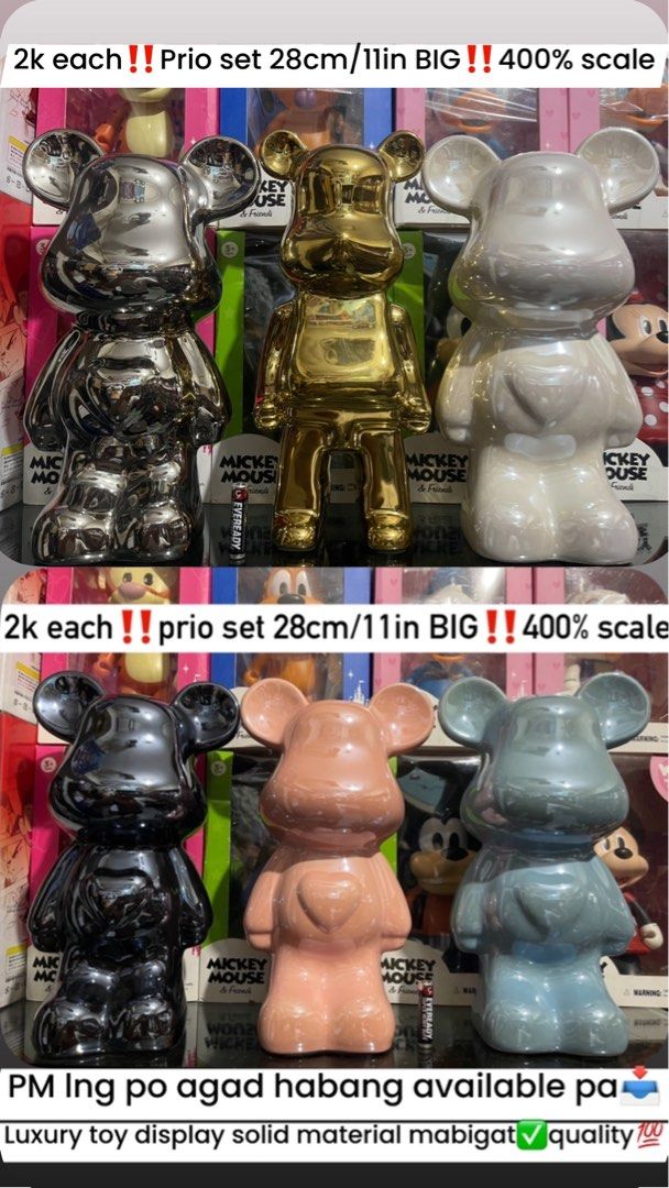 400% BIG Bearbrick Figures Luxury❤️ - Various Designs (Category: Designer & Blind Box Toys) located in Manila. Submitted by abacic.toys (Listing ID 1458875006, Image 1). Description: - 400% BIG Bearbrick Figures - Stands 28cm / 11in tall - Available Designs: Slam Dunk, Nike SB, Superman, Gundam, Iron Man, Joker, and more! - Solid Material, Heavy Quality especially those gold silver etc. - Prices vary per set - PM for availability and pricing.