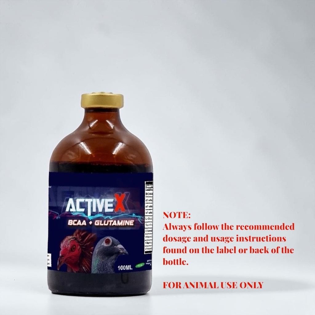 ACTIVEX BCAA + GLUTAMINE W/ B VITAMINS 35ml-50ml (FOR ANIMALS ONLY) (Category: Health & Grooming) located in Talavera. Submitted by vet-choice (Listing ID 1458702221, Image 2). Description: ACTIVE X (BCAA + Glutamine + B-Vitamins) Premium Performance Supplement for Gamefowl & Birds Boost your bird’s strength, stamina, and recovery with this complete formula. Packed with essential BCAA, Glutamine, and B-Vitamins designed to support hardworking mus