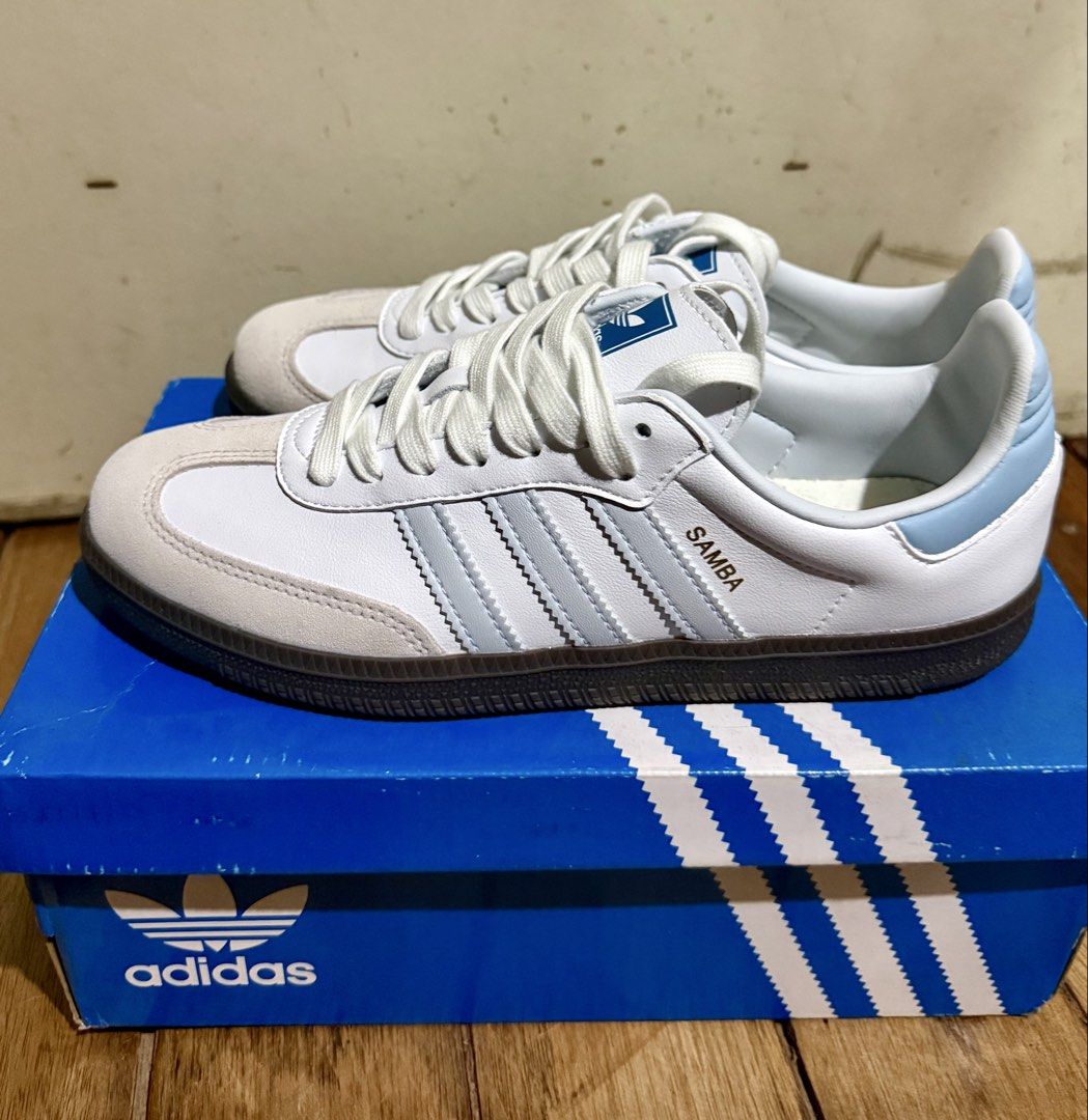 Adidas Samba OG Halo Blue (Category: Sneakers) located in Manila. Submitted by ashleymerc (Listing ID 1458754675, Image 2). Description: - Adidas Samba OG - Classic white with iconic light blue three stripes - Size: UK 5 - Includes original box - Comes with extra laces - Ideal for casual wear and everyday style - Fitted only - Insole have stains Can do meet ups: SM San Lazaro every Saturday.