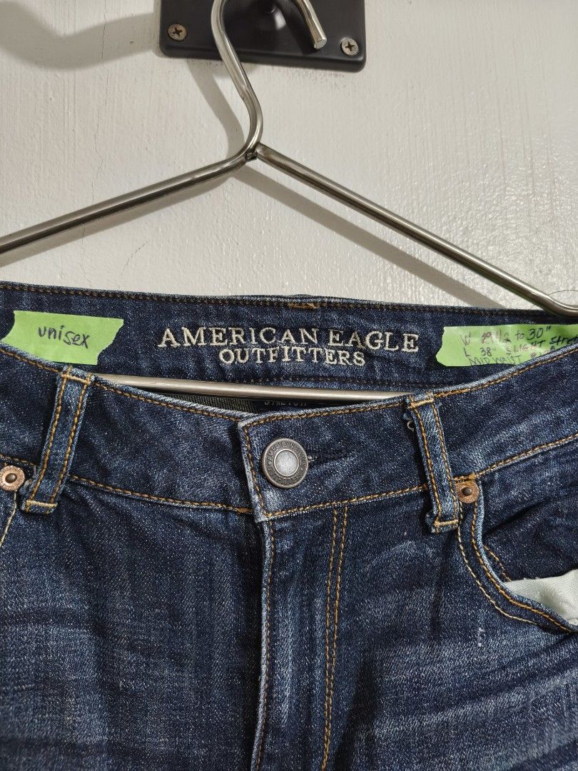 American Eagle Outfitters Jeans (Category: Jeans) located in Manila. Submitted by bmsthrift (Listing ID 1458761300, Image 3). Description: - Brand: American Eagle Outfitters - Color: Dark Wash Denim - Size: Waist 29-30 inches, Length 38 inches - Fit: Mid-waist - Features: Slight stretch for comfort, Frayed hem detail.