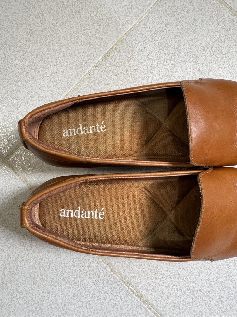 Andante Brown Leather Loafers (Category: Loafers) located in Pasay City. Submitted by margucci_0823 (Listing ID 1458750768, Image 3). Description: - Brand: Andante - Style: Brown Leather Loafers (Slip-on) - Features: Comfortable cushioned insole - Condition: Soles show some wear - Best fits size 7 (narrow feet); 6-6.5 if planning to wear with thick socks - Orig price: ₱2,072 RFS: it’s too small for me. I’m a size 8 but when I use it I remove the 
