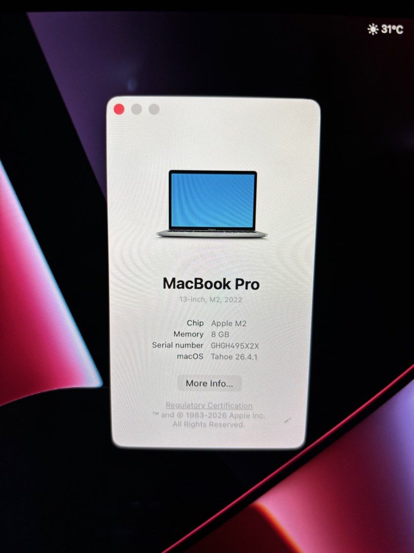 Apple MacBook Pro 13-inch M2 2022 8GB RAM (Category: Laptops & Notebooks) located in San Juan City. Submitted by leav.sells (Listing ID 1458715755, Image 3). Description: FOR SALE — MacBook Pro 13” M2 (2022) Selling my MacBook Pro 13-inch M2 (2022), still in great working condition and perfect for work, school, editing, and everyday use. SPECS: • Apple M2 Chip • 8GB RAM • 256GB SSD Storage • macOS Tahoe 26.4.1 • Battery Health: 86% — Normal • Min