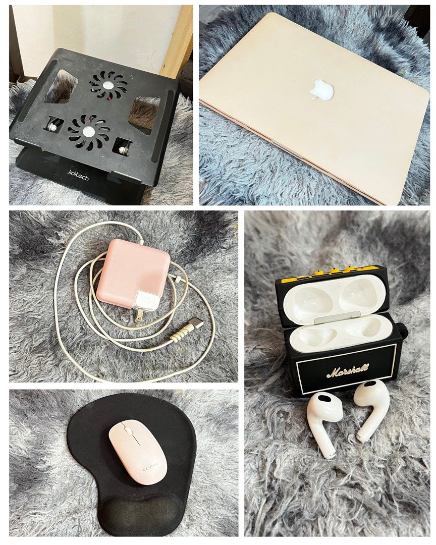 Apple MacBook Pro Rose Gold Laptop (Category: Laptops & Notebooks) located in Manila. Submitted by dorotheacarolina (Listing ID 1458777953, Image 1). Description: Take all, 20k -Macbook (details sa last pic) -Airpods 3rd gen (authentic, not class a) -Logitech stand (with fan) -Mouse and mouse pad Issue: Busted speaker sang MacBook (common prob ng late models). Ang AirPods all goods except ang right bud hindi ma pa full blast kasi busted din. Pero