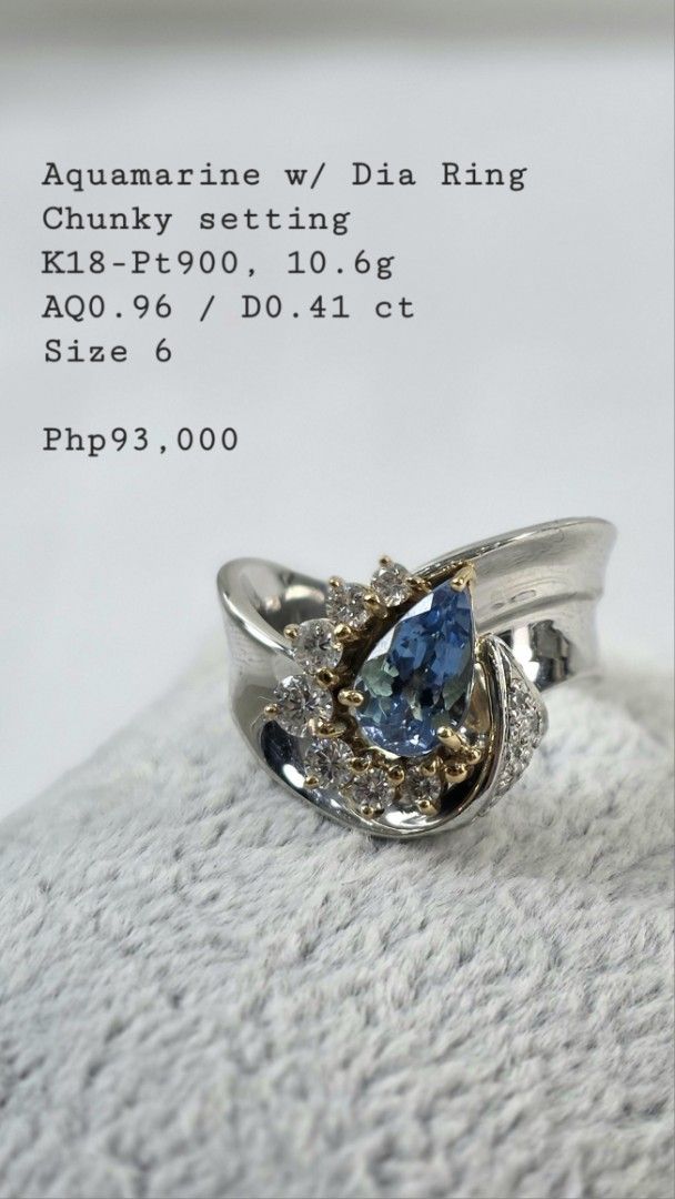 Aquamarine w/ Diamond Ring (Category: Rings) located in San Fernando. Submitted by bagproject (Listing ID 1458778156, Image 1). Description: RING Aquamarine w/ Dia Chunky setting K18-Pt900, 10.6g AQ0.96 / D0.41 ct Size 6 Php93,000.