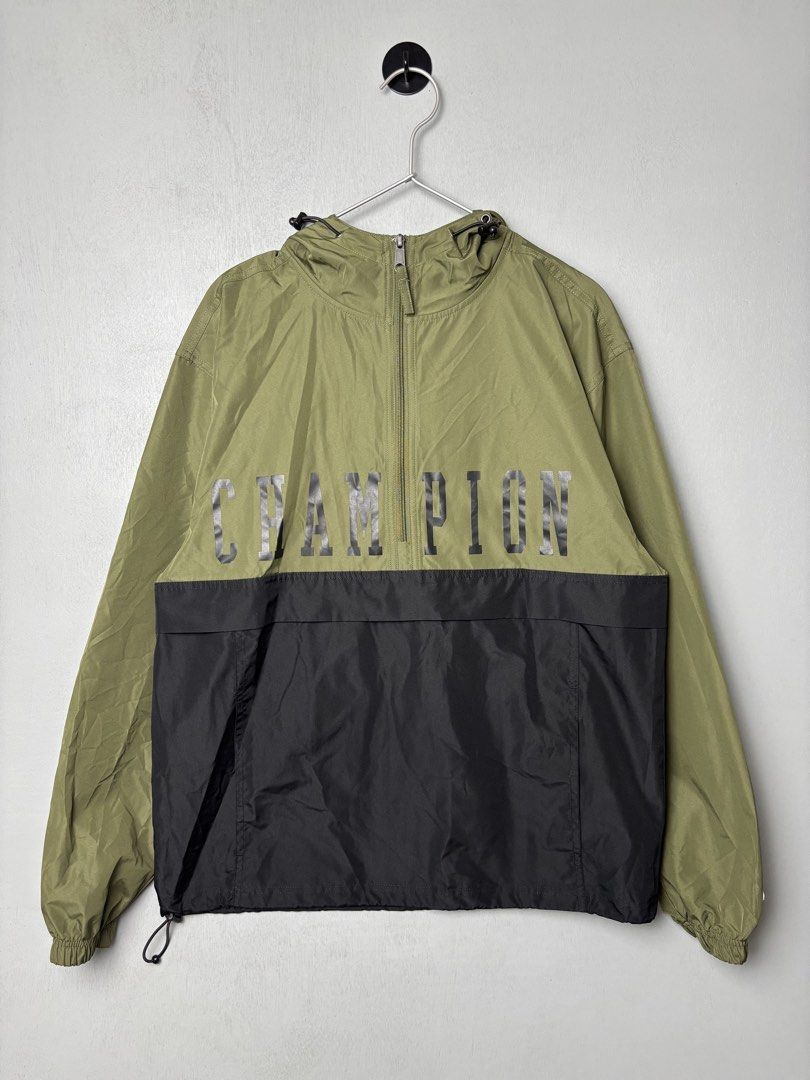 Champion Script Design 2-Tone Packable Windbreaker Jacket (Category: Coats, Jackets and Outerwear) located in Mandaluyong City. Submitted by fellas_ph (Listing ID 1458793704, Image 2). Description: Excellent condition No issues Size S-M 21" Width 26.5" Length.