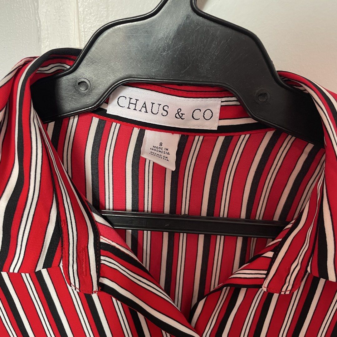 CHAUS & CO Red Black White Striped Button-Up Blouse Size 8 (Category: Blouses) located in Marikina City. Submitted by plzbuymyclothez (Listing ID 1458730685, Image 2). Description: - Brand: CHAUS & CO. - Color: Red, black, and white stripes - Style: Button-up blouse - Features: Long sleeves with striped cuffs, classic collar - Origin: Made in Indonesia - Size: 8 - Occasion: Great for work or casual wear.