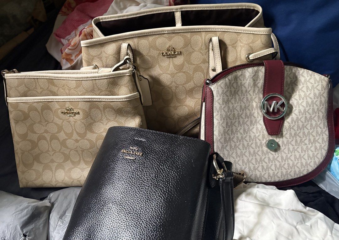 Coach and Michael Kors Handbags Bundle (Category: Luxury Bags & Wallets) located in Quezon. Submitted by gguevarra265927 (Listing ID 1458757770, Image 1). Description: - Bundle of 4 designer handbags - Includes a large Coach tote bag (signature print) - Matching Coach crossbody bag (signature print) - Black pebbled leather Coach bucket bag - Michael Kors crossbody bag (MK print, burgundy accents) - Great collection for any bag enthusiast.