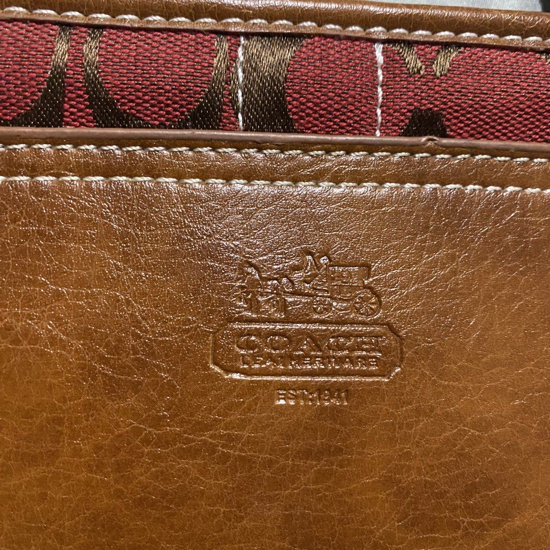 Coach Monogram Canvas and Leather Pouch Wristlet (Category: Luxury Bags & Wallets) located in Manila. Submitted by prelovedsellsss (Listing ID 1458771016, Image 3). Description: - Authentic Coach pouch - Classic red and brown C monogram pattern - Leather trim and wrist strap - Secure zipper closure - Interior zippered pocket - Small leather tag with Coach details - Ideal for carrying your essentials.