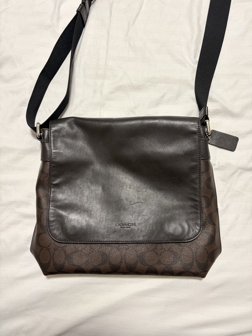Coach Signature Leather Messenger Bag (Category: Luxury Bags & Wallets) located in Caloocan City. Submitted by ehrenkael169599 (Listing ID 1458840791, Image 1). Description: - Authentic brown Coach messenger bag - Signature 'C' pattern on the bottom half - Genuine leather flap and strap - Includes original Coach hang tag - Ideal for everyday use - Check Last Slide for Issue.