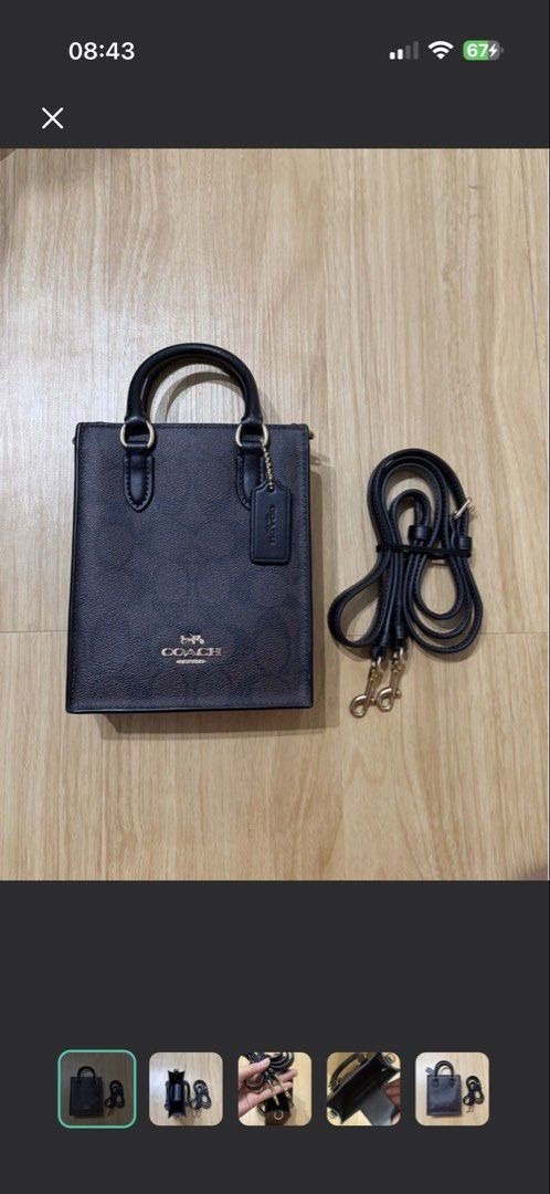 Coach Signature Mini Tote Bag with Strap (Category: Luxury Bags & Wallets) located in Los Banos. Submitted by chezka024 (Listing ID 1458692108, Image 1). Description: - Coach mini tote bag - Signature print - Detachable crossbody strap included - Gold hardware details - Interior card slot - Clean inside and out - Versatile for everyday or evening use.