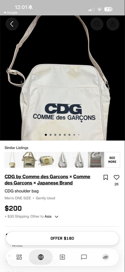 COMME DES GARCONS MESSENGER BAG (Category: Luxury Bags & Wallets) located in Dagupan City. Submitted by dgp.plvg (Listing ID 1458728361, Image 2). Description: CDG MESSENGER BAG - market goes ₱12,000 / $200 Size: OSFA Condition: Excellent Issues: minimal stains only (check last pic) Mine: ₱5,000.