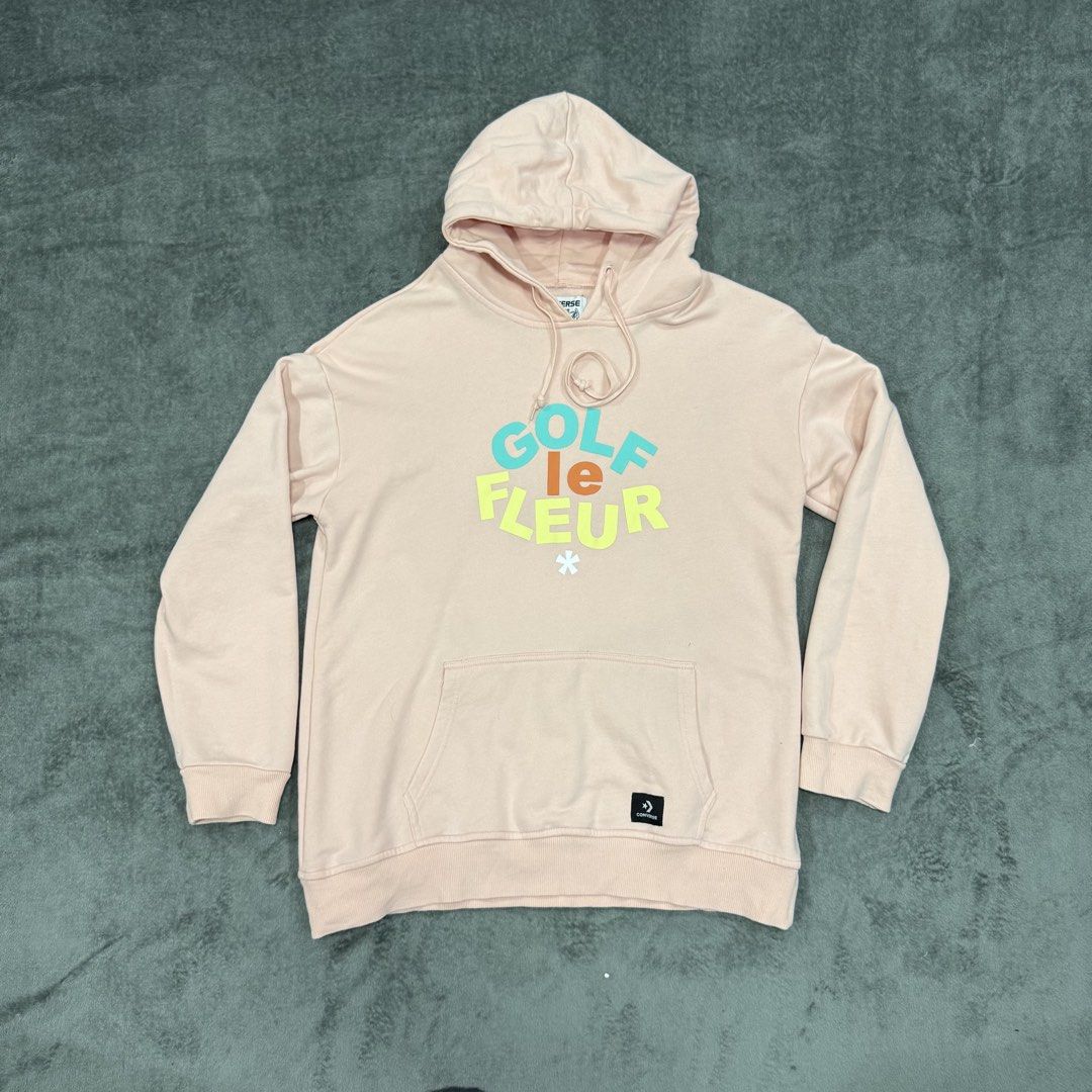 CONVERSE x GOLF LE FLEUR HOODIE (Category: Coats, Jackets and Outerwear) located in Santa Maria. Submitted by rarefindslt (Listing ID 1458885572, Image 1). Description: CONVERSE x GOLF LE FLEUR HOODIE (SWIPE LEFT FOR MORE DETAILS..) OFF/LEGIT best fit to L-XL dimes in solid pink color condition color rate! with adjustable string, front script logo design, front pockets, solid good condition rate! can pass as new! .