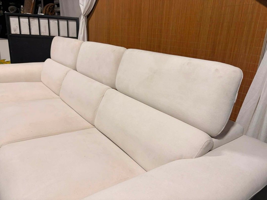 Cream 6-Seater Sofa with Matching Ottoman (Category: Sofas) located in Antipolo. Submitted by roselle001 (Listing ID 1458741008, Image 3). Description: - Comfortable cream-colored 3-seater sofa - Adjustable headrests for personalized comfort - Modern wooden legs - Includes a matching ottoman (can be used as footrest or extra seating) - Ideal for living rooms and lounges.