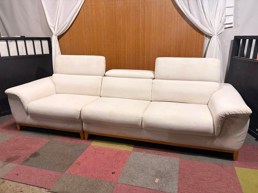 Cream 6-Seater Sofa with Matching Ottoman (Category: Sofas) located in Antipolo. Submitted by roselle001 (Listing ID 1458741008, Image 2). Description: - Comfortable cream-colored 3-seater sofa - Adjustable headrests for personalized comfort - Modern wooden legs - Includes a matching ottoman (can be used as footrest or extra seating) - Ideal for living rooms and lounges.