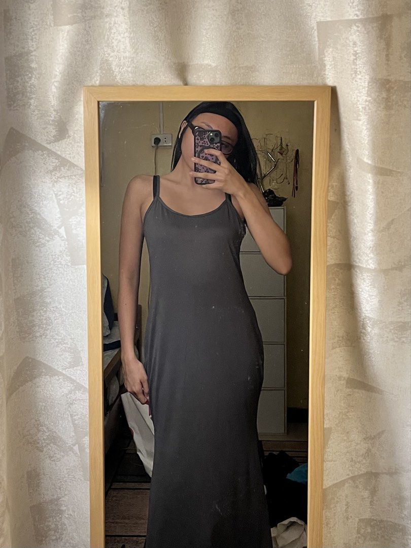 Dark Grey Spaghetti Strap Maxi Dress (Category: Dresses) located in Rizal. Submitted by vie_apparel (Listing ID 1458720825, Image 2). Description: - Medium to Semi Large - Never used - MOP: Gcash, Bank Transfer ‼️Payment First ‼️No Cancellation ‼️Buyer will shoulder the sf .
