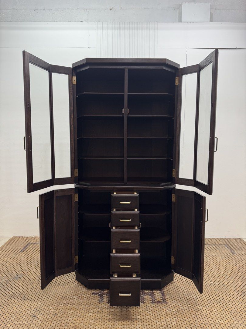 Display cabinet (Category: Shelves, Cabinets & Racks) located in Quezon City. Submitted by matetdevis13 (Listing ID 1458756196, Image 2). Description: Vintage Mahogany Corner Display Cabinet with Glass Doors & Drawers Price: 8,900 L35.5 x W18 x H75.5 In good condition Code JMD40-M87.