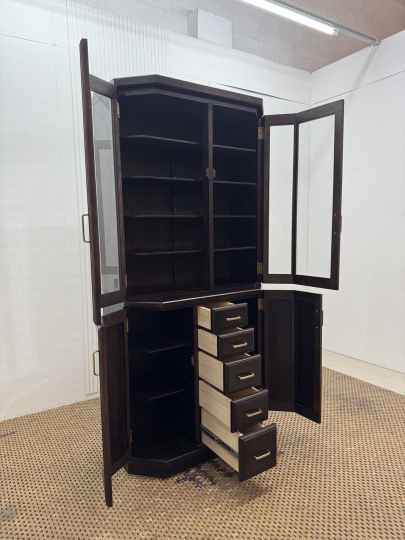 Display cabinet (Category: Shelves, Cabinets & Racks) located in Quezon City. Submitted by matetdevis13 (Listing ID 1458756196, Image 3). Description: Vintage Mahogany Corner Display Cabinet with Glass Doors & Drawers Price: 8,900 L35.5 x W18 x H75.5 In good condition Code JMD40-M87.