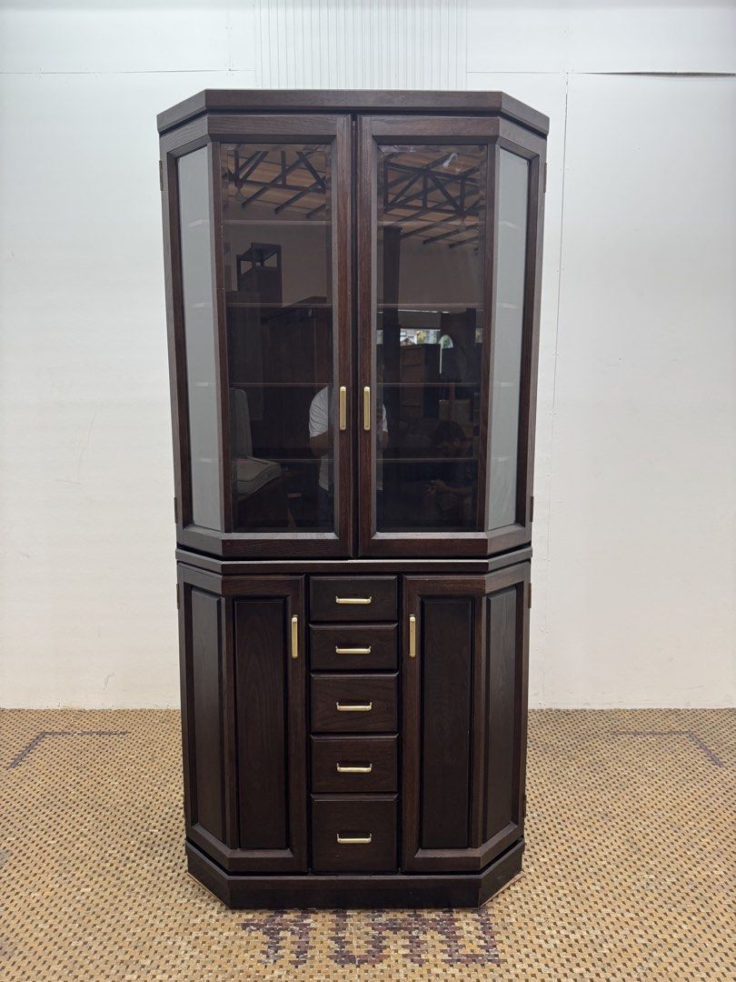 Display cabinet (Category: Shelves, Cabinets & Racks) located in Quezon City. Submitted by matetdevis13 (Listing ID 1458756196, Image 1). Description: Vintage Mahogany Corner Display Cabinet with Glass Doors & Drawers Price: 8,900 L35.5 x W18 x H75.5 In good condition Code JMD40-M87.