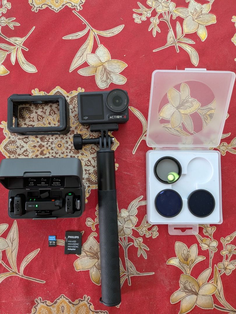 DJI Action 4 Camera with Accessories (Category: Cameras) located in Caloocan City. Submitted by peterlp1981 (Listing ID 1458738891, Image 1). Description: Kumpletong vlogging at action camera setup! Sobrang alaga at walang issue. Sulit na sulit para sa travel, motovlog, o underwater shoots. ​Kasama sa Set: • DJI Osmo Action 4 Camera na may Frame at Extension Stick • DJI Mic 2 Wireless Microphone System na may Charging Case • 2 ND Filters at 1 CPL