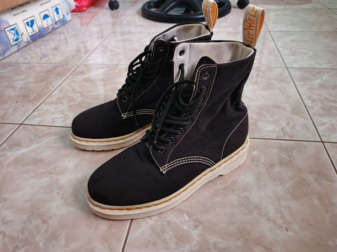 Dr. Martens Black Canvas Lace-Up Boots (Category: Boots) located in San Fernando. Submitted by vansjen (Listing ID 1458831640, Image 2). Description: - Brand: Dr. Martens - Style: Lace-up boots - Material: Black canvas - Color: Black - Stitching: Classic yellow - Sole: Air-cushioned - Features: 'AirWair' pull tabs at the back - Origin: Made in China - Size: UK 6 / EU 39 EXCELLENT CONDITION 999 + sF La Union location .