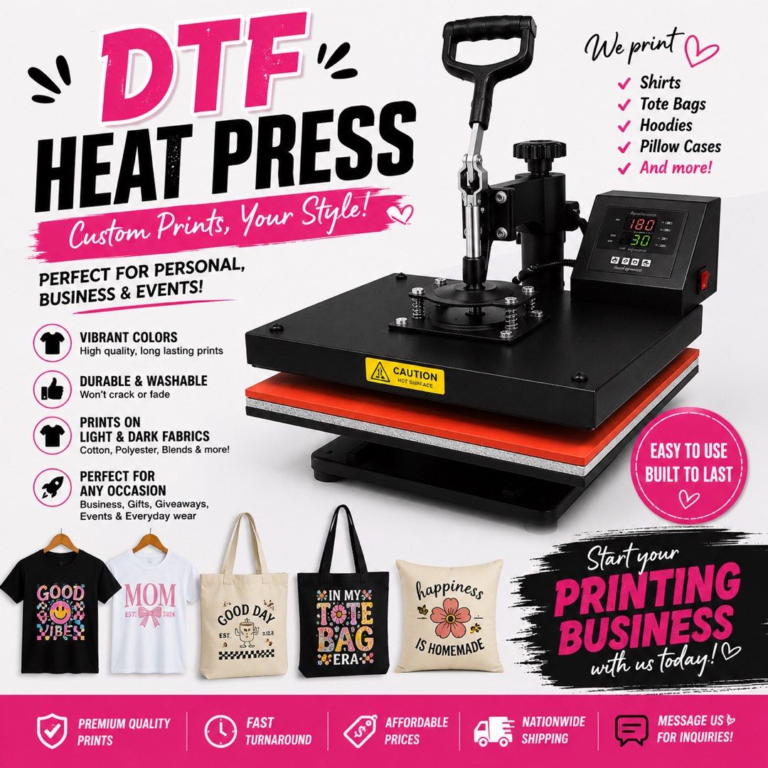 DTF Heat Press Machine for Custom Prints (Category: Printers, Scanners & Copiers) located in San Juan, Ilocos Sur. Submitted by bpambid (Listing ID 1458745317, Image 1). Description: - Start your own printing business with this DTF heat press! - Ideal for personal projects, business ventures, or events. - Create vibrant, long-lasting prints on various items like shirts, tote bags, hoodies, and pillow cases. - Works effectively on both light and d