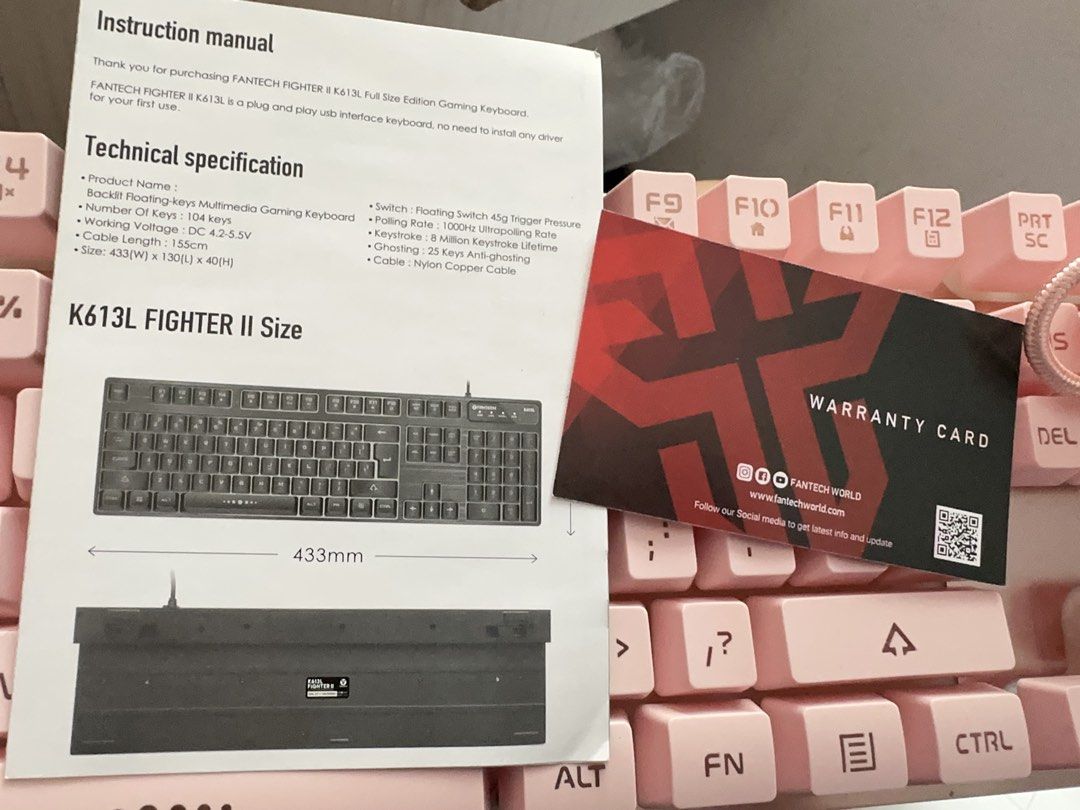 Fantech Keyboard K613L Fighter II Sakura Edition (Category: Computer Keyboard) located in Quezon City. Submitted by azalea.tolentino (Listing ID 1458716364, Image 3). Description: - Fantech K613L Fighter II Gaming Keyboard - Sakura Edition, Full Size (104 Keys) - Brand new, bought 2022, only unboxed to check if working then tinago na - All keys functioning - Includes original box, instruction manual, and warranty card - Price slightly nego Locati