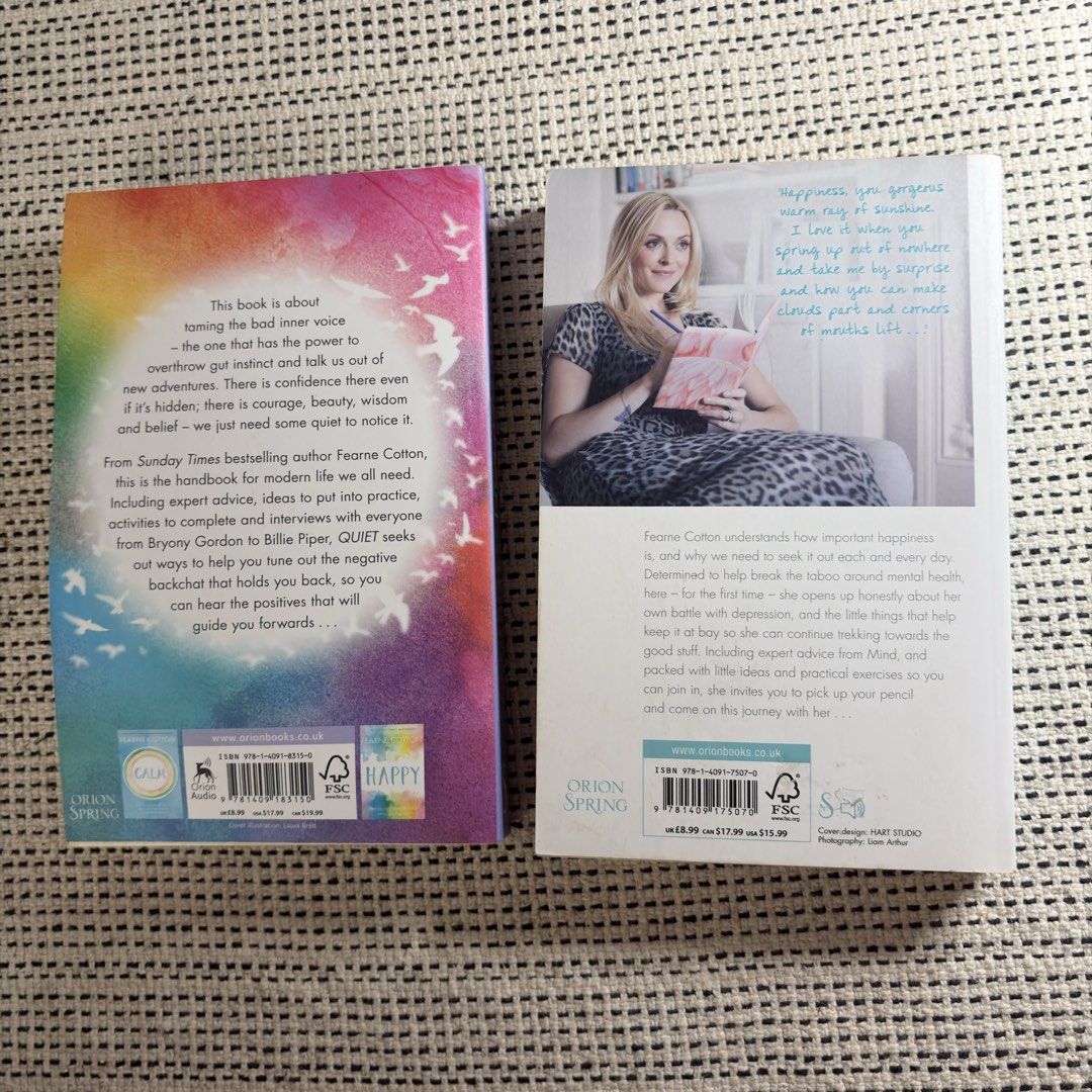 Fearne Cotton Quiet & Happy Books Set (Category: Storybooks) located in Marikina City. Submitted by rhrcrds (Listing ID 1458757791, Image 2). Description: - Set of 2 books by Fearne Cotton: 'Quiet' and 'Happy' - 'Quiet': Helps silence brain chatter and boost self-belief - 'Happy': Guides you to find joy and release perfectionism - Both are Sunday Times bestsellers - Perfect for self-care and improving mental well-being MOP: Gcash/BPI Meet up: BGC