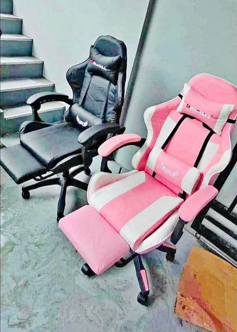 Gaming chairs (Category: Chairs) located in Manila. Submitted by joydolor (Listing ID 1458816469, Image 2). Description: Available Onhand‼️ KLV Gaming Chair Rs Price: 3,350🏷️ Available color: - Pink White - Red Black - Full Black - Blue Black - White Black ✅360 degree Swivel function ✅Adjustable Height & Reclianable Mechanism ✅Leather Seat with Nylon base footings ✅Heavy Duty 120kg capacity ✅With Footrest & Massager.