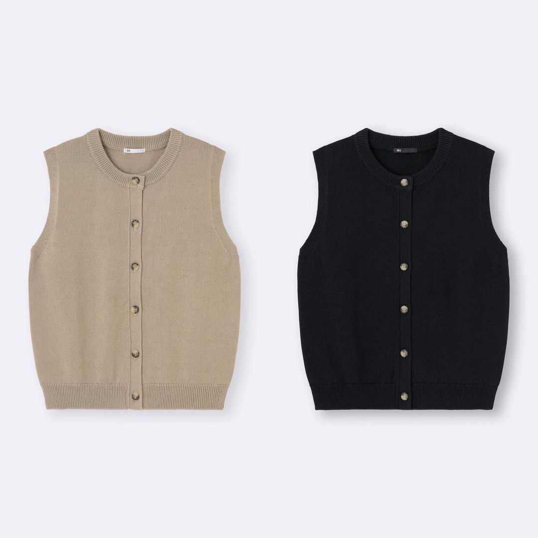 GU (by Uniqlo) front button knitted pullover (Category: Sleeveless) located in Malolos. Submitted by topicksph (Listing ID 1458849104, Image 1). Description: GU (by Uniqlo) front button knitted pullover BNWT brown: S M black: M L Features: - Front button design adds a style accent. - Smooth knit for non-cling comfort. Details: - Perfect for wearing on its own. - Also looks great layered with compact T-shirts. Fabric details: 65% Polyester, 30% Ra