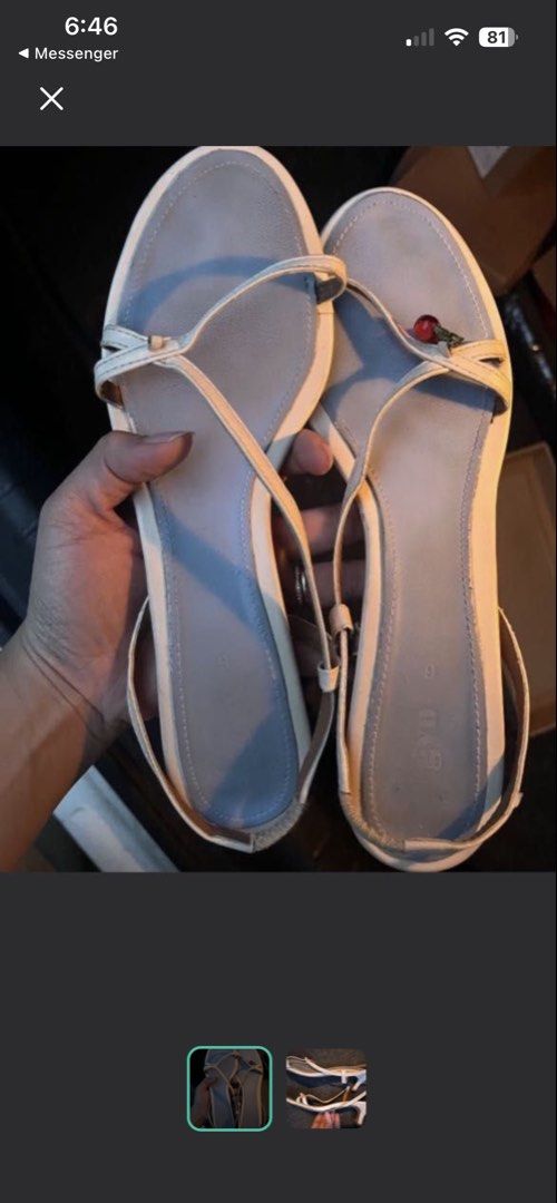 GVN Paloma Slingback Heels Sandals (Category: Heels) located in Makati City. Submitted by skippydeclutters (Listing ID 1439939325, Image 2). Description: - last price - actual photos posted - signs of usage - Chic slingback heels - Light beige exterior - Soft blue inner sole - Delicate strap design - Playful cherry charm (left charm missing) - normal wear (peeling on the slides) - Adds a sweet touch to any outfit.