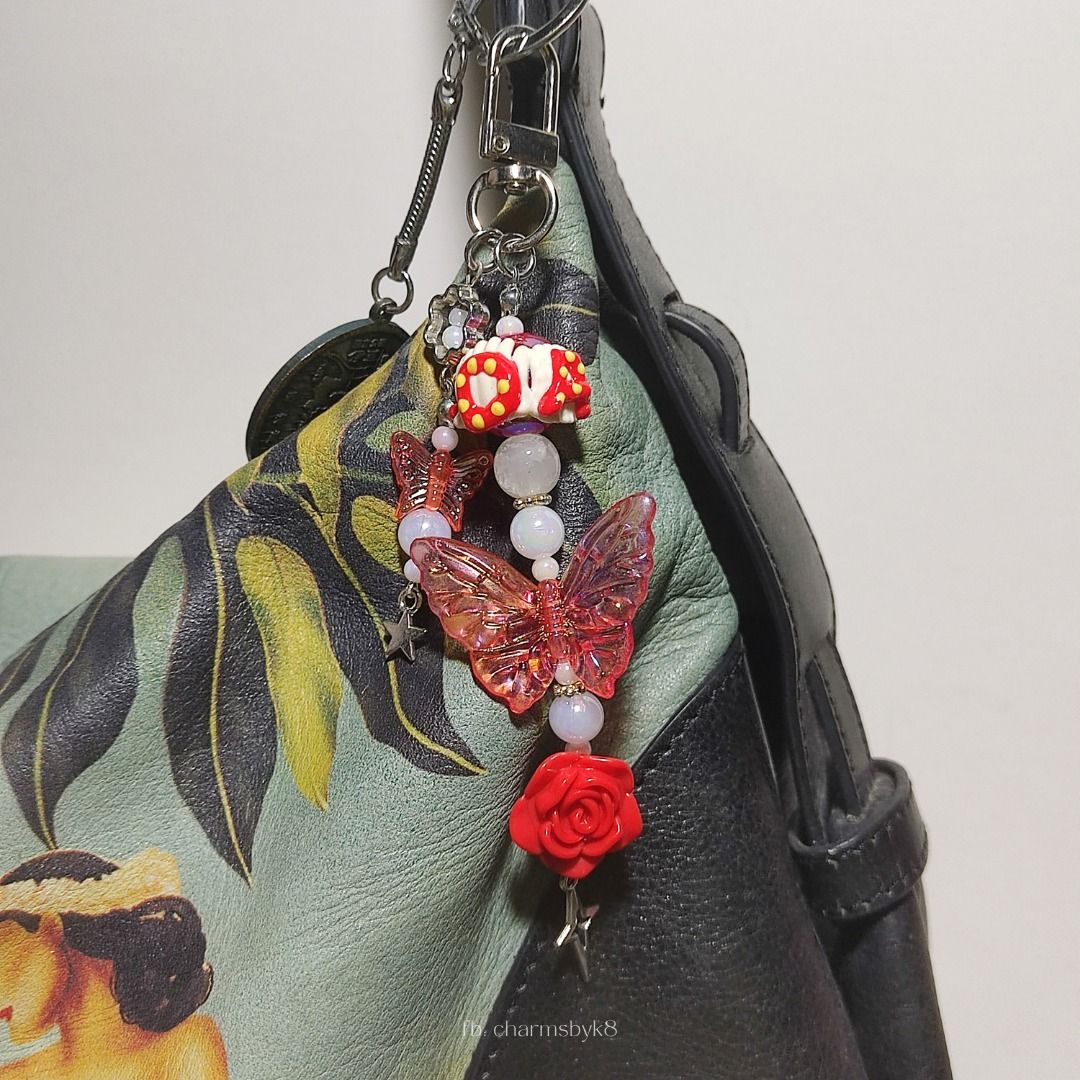 Handmade Red Butterfly and Rose Bead Keychain Charm (Category: Charms) located in Bacoor. Submitted by kmrynl (Listing ID 1458849571, Image 2). Description: handcrafted by me :) - can be customized with name (+10php) - name letter limit: 6 letters - can do bulk orders - check out my socials to see more available items (FB & IG: charmsbyk8) [tags: anik anik, bead keychain, cute, y2k, coquette, handmade, customized, custom] MOP: Gcash/BPI/Maribank 