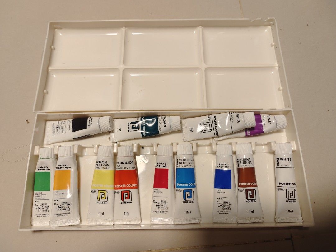Holbein Poster Colors 11ml Tubes Paint Set (Category: Art & Prints) located in Manila. Submitted by georgelmar99205 (Listing ID 1458858181, Image 1). Description: - Holbein Poster Colors paint set - Includes 11ml tubes - Comes with a mixing palette - Ideal for artists and students - Feel free to ask any questions! malalambot lahat except sa apat na color sa taas.
