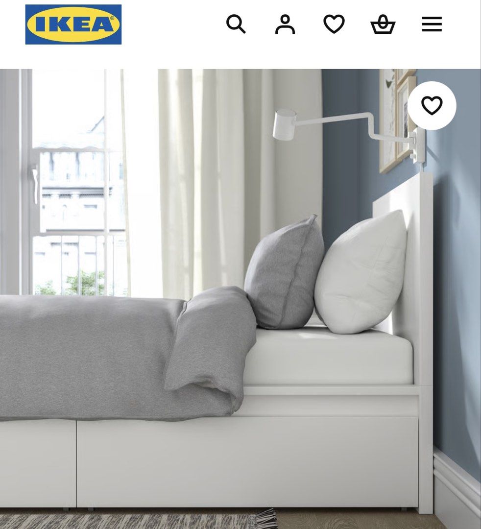 IKEA MALM SERIES BED FRAME WITH STORAGE (Category: Bed Frames & Mattresses) located in Muntinlupa City. Submitted by oliviapostcartale (Listing ID 1458732524, Image 3). Description: MALM High bed frame/2 storage boxes, white/Lönset, 90x200 cm (35 3/8x78 3/4 “) With IKEA Mattress Complete Parts 1 month used. Condo Pull-out. Disassembled. Sold as Set —P17500 IKEA BED FRAME —P14000 IKEA MATTRESS —P4000 Original Price: IKEA BED FRAME P17999 IKEA VALE