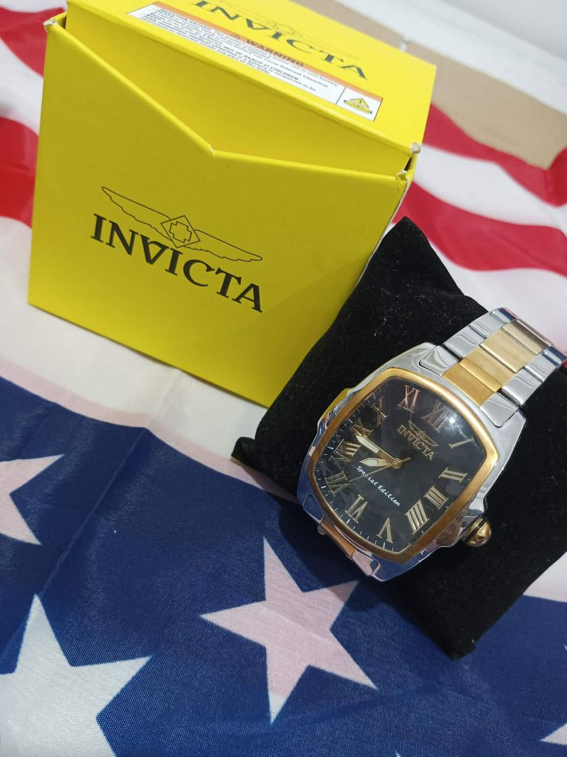Invicta Special Edition Watch with Box (Category: Men's Watches) located in Caloocan City. Submitted by cha_essentials2026 (Listing ID 1458724441, Image 1). Description: - Invicta Special Edition Watch - Features a black dial with elegant Roman numerals - Durable two-tone stainless steel band (silver and gold) - Comes with the original, iconic yellow Invicta box - Ideal for watch collectors or as a stylish everyday timepiece.