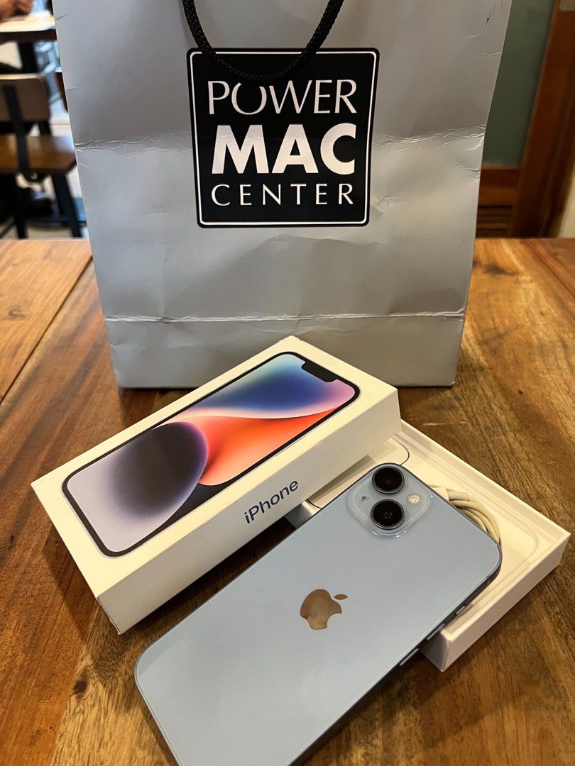 IPHONE 14 128GB, 84BH, NO ISSUE (Category: iPhone 14 Series) located in Caloocan City. Submitted by jenni.rows (Listing ID 1458754363, Image 2). Description: Selling my boyfriend’s IPHONE 14 BLUE 128gb, 84 batt health Factory unlocked (Any sim) No replaced parts & history of repair All working - Face ID, True tone & Camera Power Mac purchased, 1 year old Kaka-end lang ng warranty this August Makinis Inclusions: Original box (same imei) Cord Case 