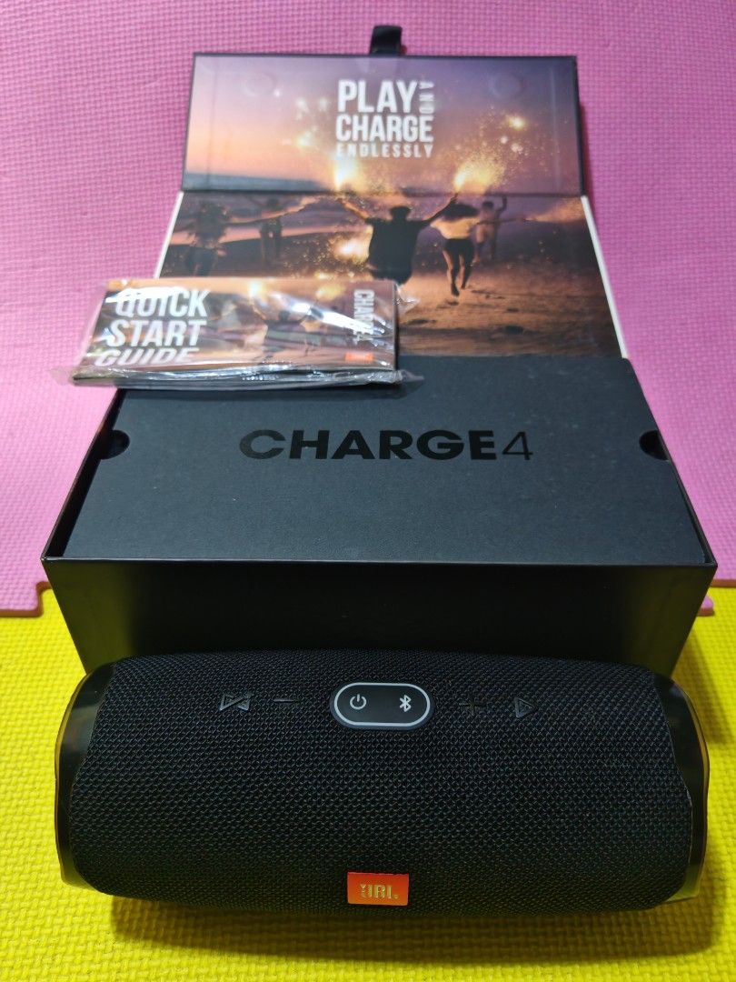 JBL Charge 4 Portable Waterproof Bluetooth Speaker (Category: Soundbars, Speakers & Amplifiers) located in Pasig City. Submitted by rilencer (Listing ID 1458692900, Image 2). Description: Bihira lang nagamit Walang issues Sobra tagal na lobat 4500 nego sa sure buyer Complete with box "GG" model - JBL Charge 4 Speaker (Black) - Bluetooth Connectivity - 20 Hours Playtime - Waterproof Design - Built-in Power Bank - Includes Original Box & Quick Star