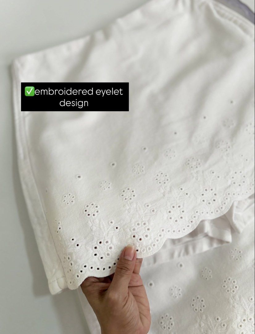 K Eyelet Denim Skort in White (Category: Other Bottoms) located in Quezon City. Submitted by sunandsailsph (Listing ID 1458807693, Image 2). Description: K Eyelet Denim Skort *+ -super unique & pretty! not super ikli and not see through •Highwaist •Thick denim fabric • With inner shorts •Not see through? • Side zipper closure • Display back pockets •Pretty embroidered eyelet design Bought for the same price. RFS: Wrong size Photos not mine. CTTO.