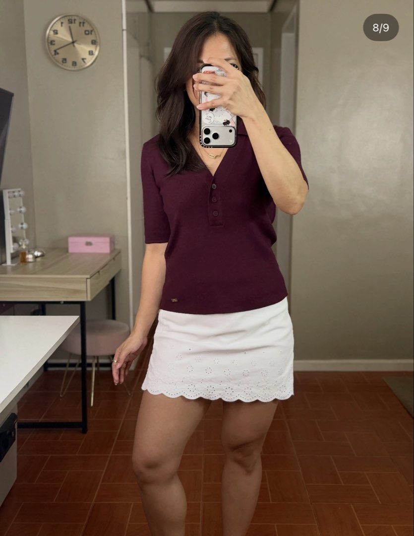 K Eyelet Denim Skort in White (Category: Other Bottoms) located in Quezon City. Submitted by sunandsailsph (Listing ID 1458807693, Image 3). Description: K Eyelet Denim Skort *+ -super unique & pretty! not super ikli and not see through •Highwaist •Thick denim fabric • With inner shorts •Not see through? • Side zipper closure • Display back pockets •Pretty embroidered eyelet design Bought for the same price. RFS: Wrong size Photos not mine. CTTO.