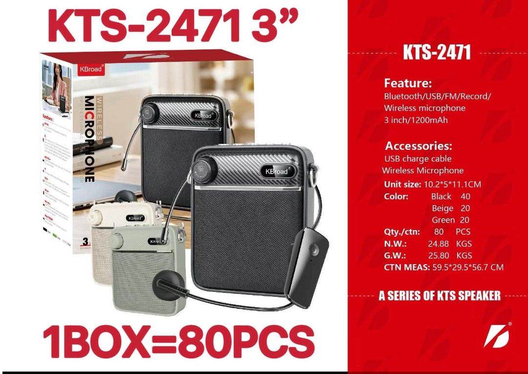 KBroad KTS-2471 Portable Speaker with Wireless Microphone (Category: Microphones) located in Manila. Submitted by iliasjen3082126 (Listing ID 1458780682, Image 1). Description: - Portable speaker with wireless microphone - Multiple playback options: Bluetooth, USB, FM radio - Recording function included - Comes with USB charging cable and wireless microphone - Available colors: Black, Beige, Green - Compact size: 10.2*5*11.1cm - Bulk packaging: 8
