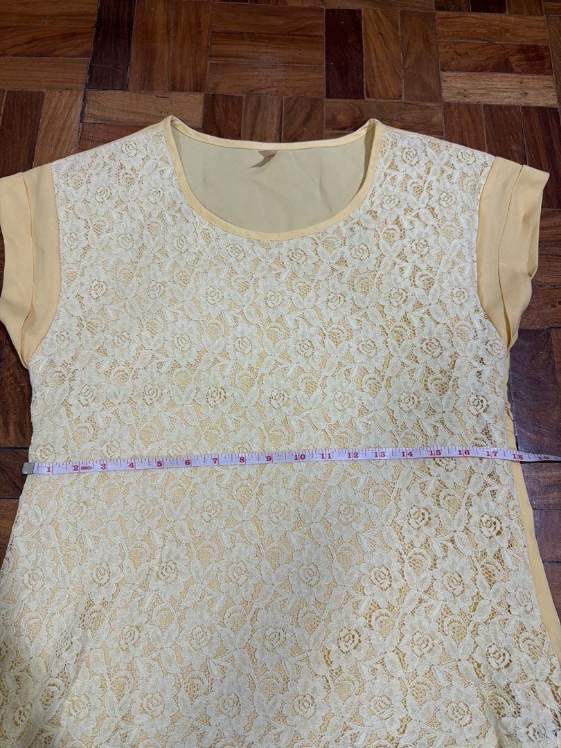 Keshieca Lace Overlay Top Size M (Category: Blouses) located in Quezon City. Submitted by bagoffinds (Listing ID 1458785063, Image 3). Description: - Lovely light yellow top - Delicate white lace overlay - Comfortable short sleeves - Measurements: 16" chest, 25" length - Versatile for casual or dressed-up looks.