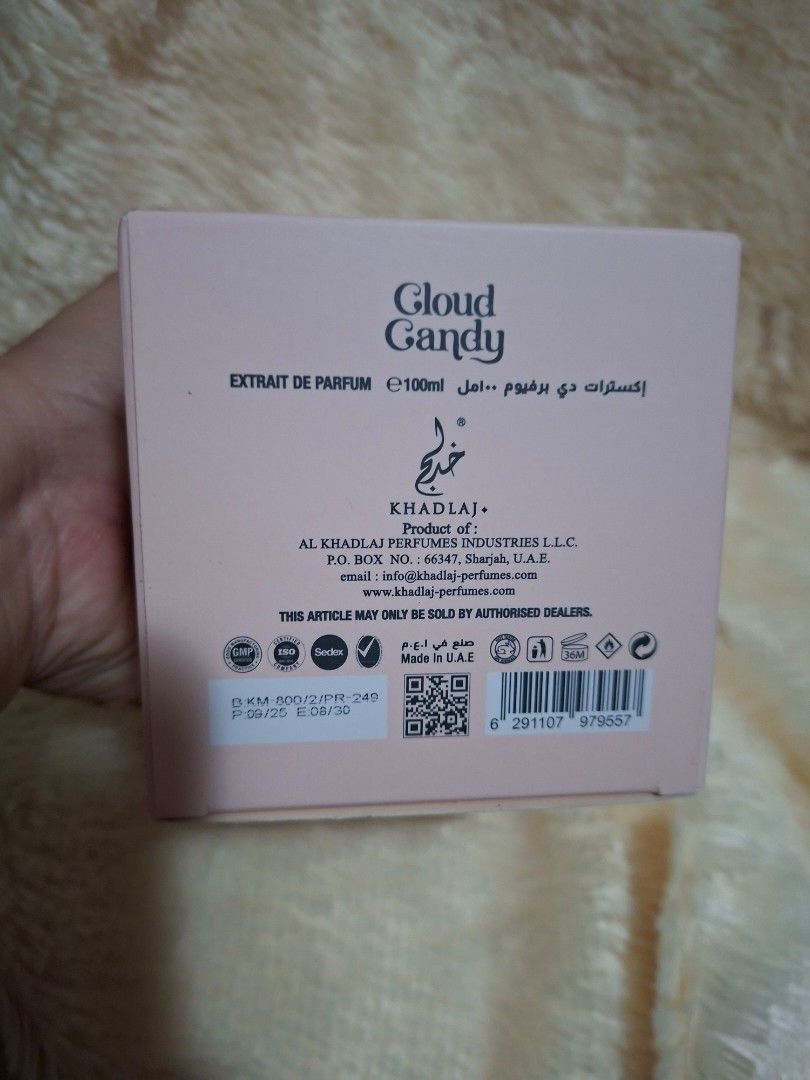 Khadlaj Cloud Candy Extrait de Parfum 100ml (Category: Fragrance & Deodorants) located in Manila. Submitted by yanakolekzione (Listing ID 1458854874, Image 2). Description: - 2 sprays missing - Khadlaj Cloud Candy - Extrait de Parfum concentration - 100ml bottle - Comes in original box - Made in U.A.E. - Sweet and fruity scent profile - Ideal for everyday wear or special occasions.