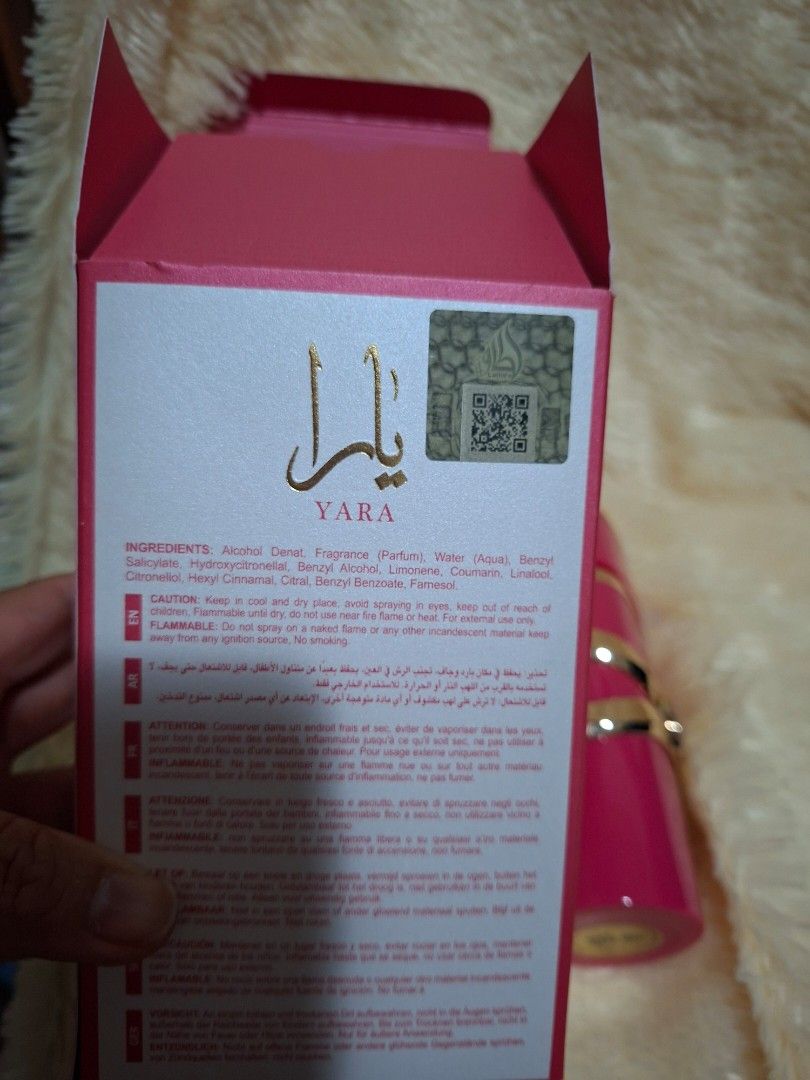 Lattafa Yara Eau de Parfum Natural Spray 100ml (Category: Fragrance & Deodorants) located in Manila. Submitted by yanakolekzione (Listing ID 1458854449, Image 3). Description: - 2 sprays missing - Lattafa Yara Eau de Parfum - Natural Spray - 100ml Volume - Made in UAE - For external use only - Keep cool and dry - Avoid spraying near flame or heat - Discontinue use if irritation occurs - Keep away from ignition sources.
