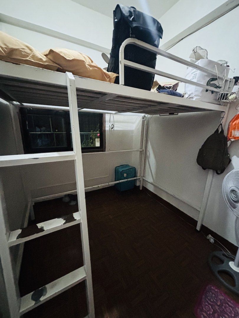 Loft Bed (Double) (Category: Bed Frames & Mattresses) located in Manila. Submitted by hera_shop (Listing ID 1458786405, Image 2). Description: For Sale Heavy duty metal Loft Bed 48x75 inches (double size) Orig Price:11,500 Selling Price: 8k Purchased last 2024 but used until 2025 only Height from floor to under the bed is 5’2 ft for conveniece Can accommodate up to 300kilos Slanted ladder for safety and convenience Rfs: Moving out Minor issues fa
