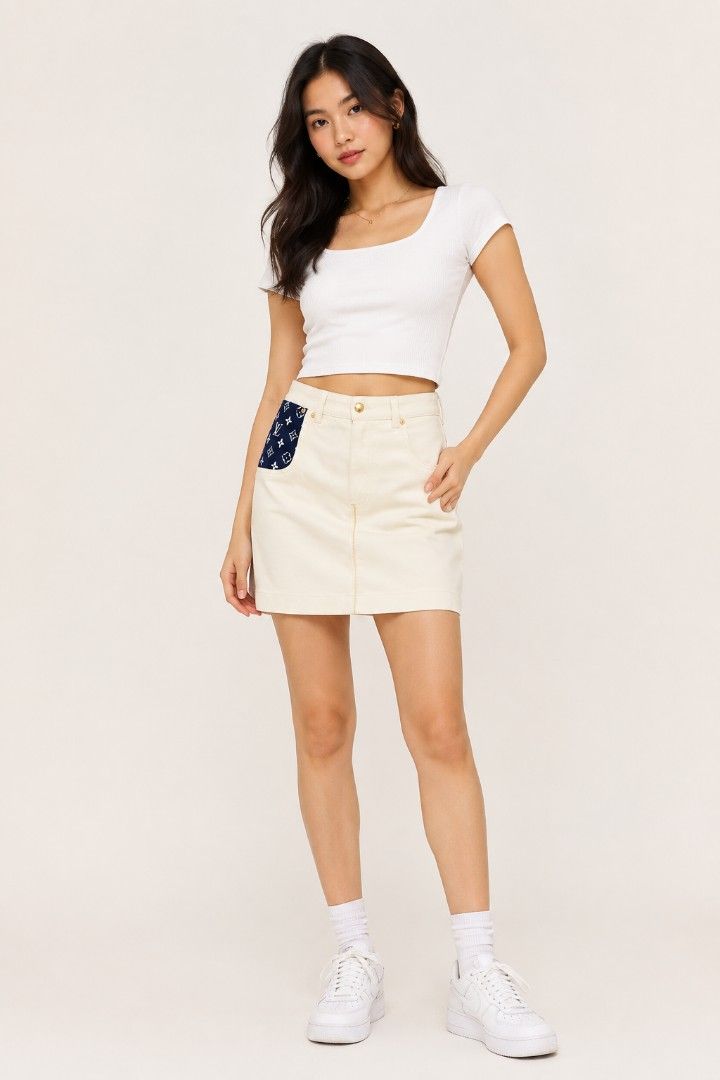 LOUIS VUITTON MONOGRAM DENIM SKIRT (Category: Luxury Apparel) located in Tumauini. Submitted by ken_thrift (Listing ID 1458791722, Image 1). Description: LOUIS VUITTON MONOGRAM DENIM SKIRT Waistline 28 Length 16 Issue missing tags Excellent condition Color rate 9.8/10 Price 1600 negotiable.