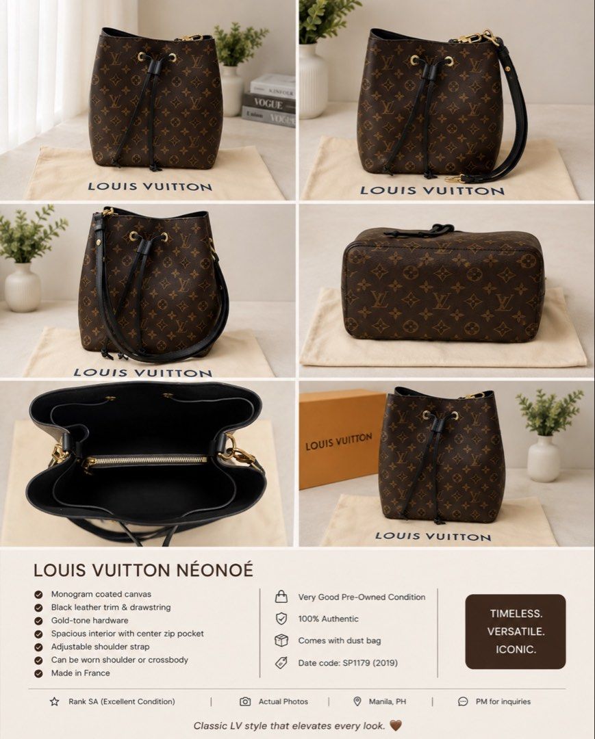 Louis Vuitton Néonoé (Category: Luxury Bags & Wallets) located in Mandaluyong City. Submitted by _sneakerlab (Listing ID 1458707621, Image 1). Description: LOUIS VUITTON NÉONOÉ MM – MONOGRAM 🤎 ✨ Rank SA | Excellent Condition • Classic Monogram coated canvas • Black leather trim & drawstring • Gold-tone hardware • Spacious interior with center zip pocket • Adjustable shoulder/crossbody strap • Comes with LV dust bag • Actual photos — item on hand