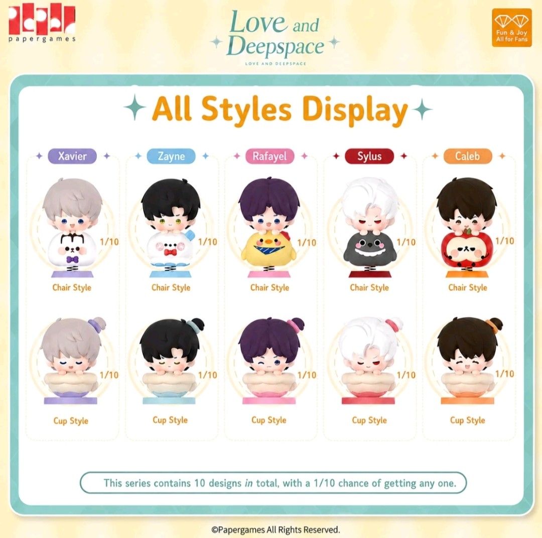 Love and Deepspace Blind Box Figures - Chair & Cup Styles (Category: Designer & Blind Box Toys) located in Tarlac. Submitted by redbluehatter (Listing ID 1458704623, Image 1). Description: - Selling Love and Deepspace blind box figures. - Includes Caleb Cup Style and Xavier Cup Style. - Both figures are super cute! - If pair free sf - Price on each - Limited stock, grab them before they're gone!.