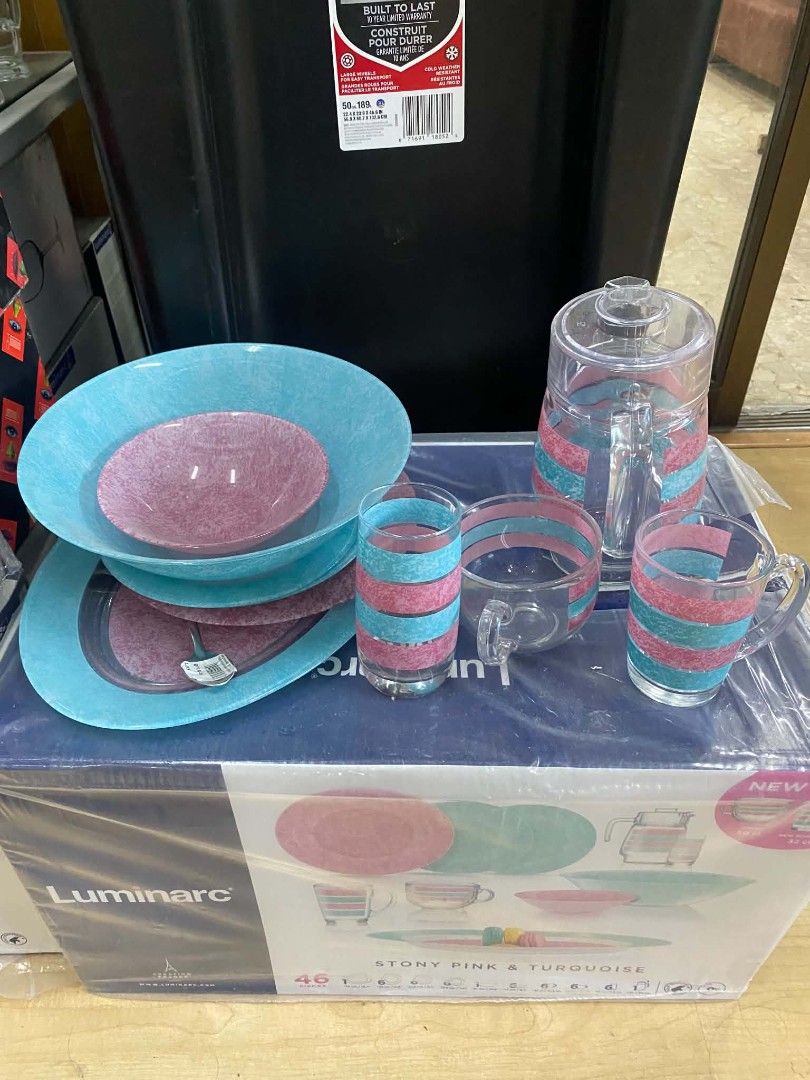 Luminarc Stony Pink & Turquoise 46-Piece Dinnerware Set (Category: Dinnerware & Cutlery) located in Manila. Submitted by JBAL.GEN.MDSE (Listing ID 1458822274, Image 1). Description: - Luminarc 46-piece dinnerware set - Colors: Stony Pink & Turquoise - Includes: Plates, bowls, cups, and a pitcher Contains: 1️⃣ Serving Plate 35 CM 6️⃣ Flat Plates 25 CM 6️⃣ Gouge Plates 21.5 CM 6️⃣ Cake Plates 19.5 CM 1️⃣ Large Bowl 27 CM 6️⃣ Medium Bowls 17 CM 6️⃣ 