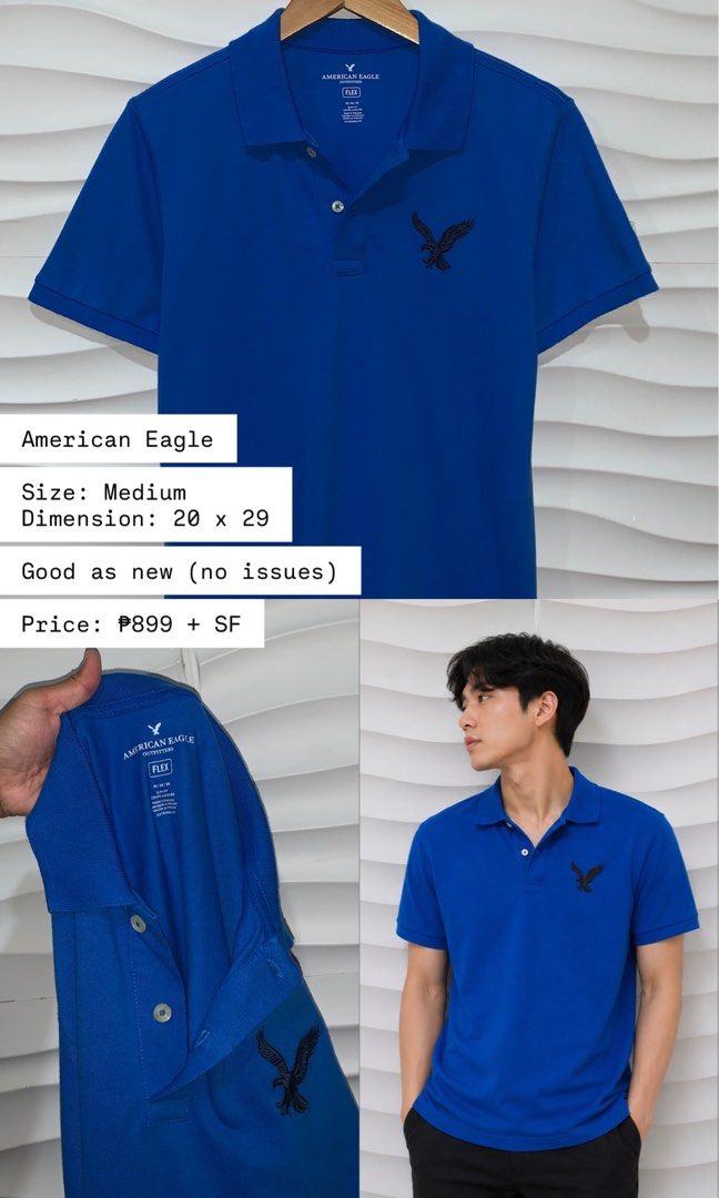(M) American Eagle Men's Polo Shirt (Category: Tshirts & Polo Shirts ) located in Bulacan. Submitted by cavalieeeer (Listing ID 1458858884, Image 2). Description: 𝗣𝗟𝗘𝗔𝗦𝗘 𝗥𝗘𝗔𝗗 𝗧𝗛𝗘 𝗗𝗘𝗧𝗔𝗜𝗟𝗦 𝗜𝗡 𝗧𝗛𝗘 𝟮𝗡𝗗 𝗣𝗜𝗖𝗧𝗨𝗥𝗘! We base sizing on actual measurements, not tag size — please check the dimensions before buying! 📌 Prices are fixed. Unreasonable offers will not be entertained. 🌐 Facebook Page: Cavalier 📍 Location: SJDM,