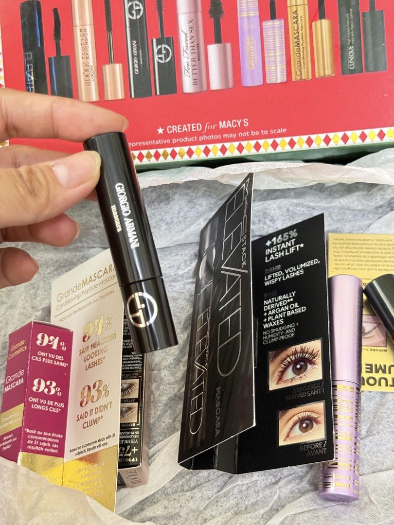 Macy's Mascara Favorites Set - Multiple Brands (Category: Makeup) located in Manila. Submitted by manghobu (Listing ID 1458717399, Image 2). Description: - Macy's Mascara Favorites set - Includes mini mascaras from popular brands like Giorgio Armani, Too Faced, and Clinique - Ideal for trying out different mascaras - Perfect for travel or discovering your new favorite - All items are from the set shown in the picture.