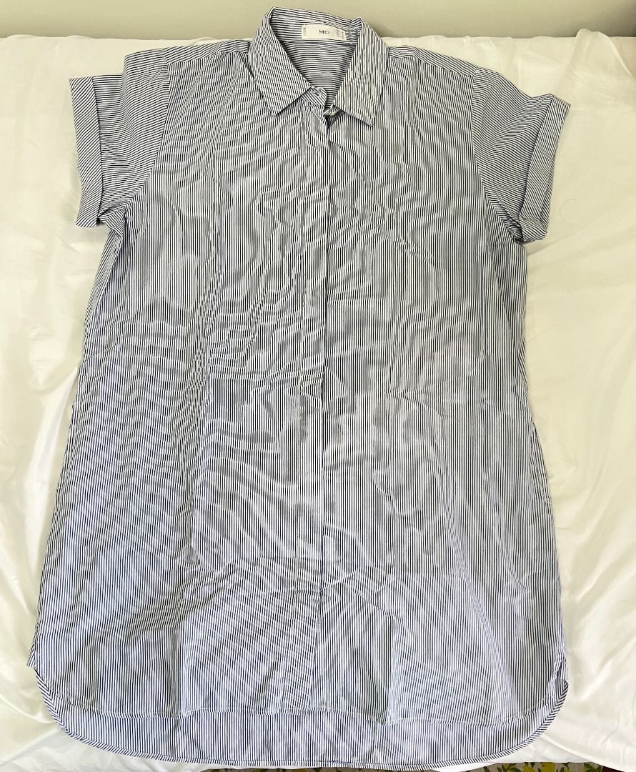 MANGO shirt dress (Category: Dresses) located in Quezon City. Submitted by max.declutter (Listing ID 1458765124, Image 1). Description: Classic vertical pinstripe print with a standard shirt-style collar. Short sleeves detailed with sewn cuffs. L 33.5 inches W 23 inches.